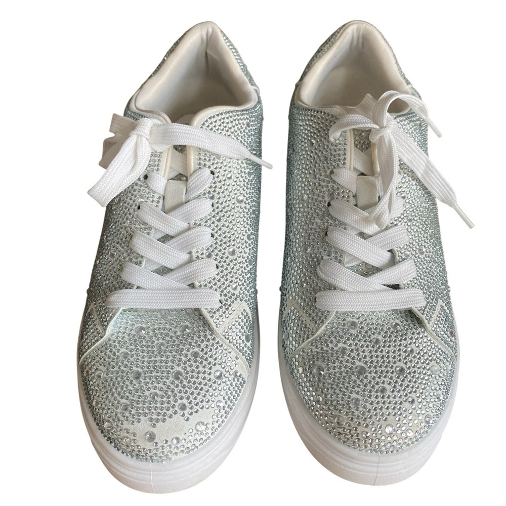 Madden Girl Jeena Rhinestone Lace Up Sneakers 9M White Platform Glam Wedding - Picture 2 of 12